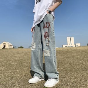 Faded Distressed Straight Jeans
