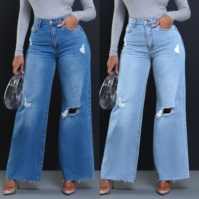 Blue Distressed Wide Leg Jeans image 1