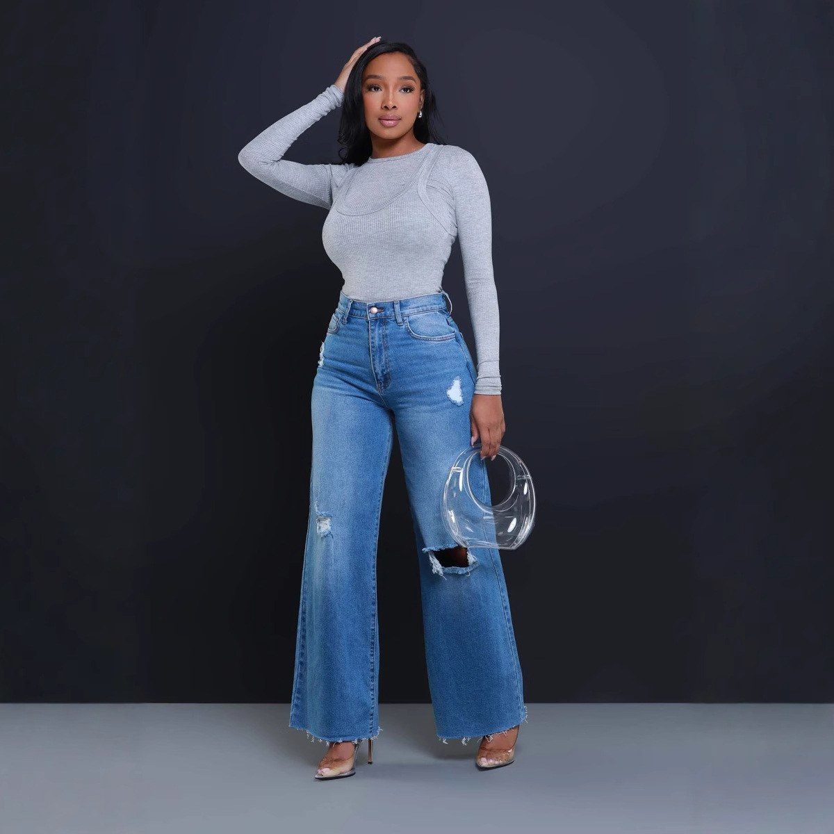 Blue Distressed Wide Leg Jeans image 4