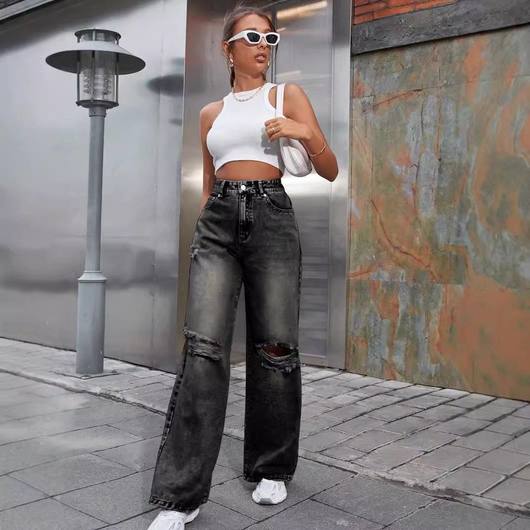 Light Wash Ripped Wide Leg Jeans image 4