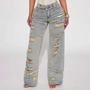 Washed Distressed Wide Leg Jeans