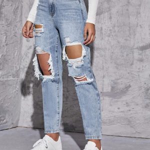 High Waist Ripped Blue Straight Leg Jeans