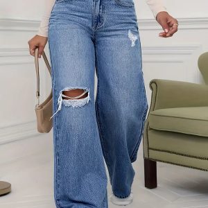 High Waist Distressed Light Blue Straight Leg Jeans