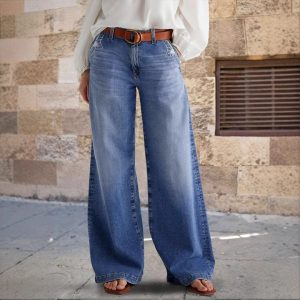 Stretch Embroidered Blue Straight Leg Jeans