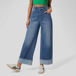 High Waist Cuffed Blue Straight Leg Jeans