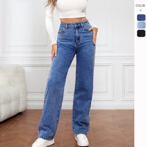 High Waist Stretch Washed Blue Straight Leg Jeans