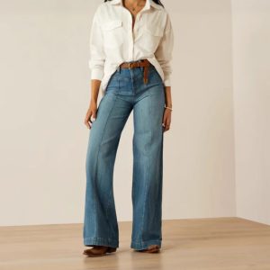 High Waist Stretch Blue Straight Leg Jeans