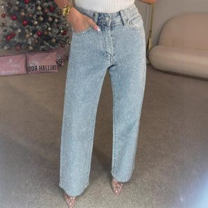 High Waist Washed Blue Straight Leg Jeans