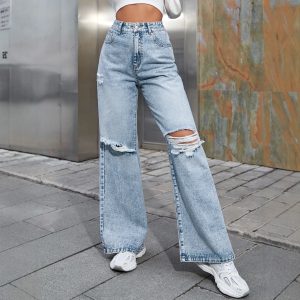 High Waist Distressed Wide Leg Jeans Light Blue