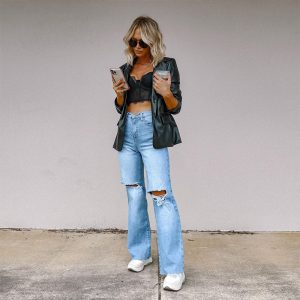 Distressed Wide Leg Jeans Light Blue