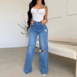 High Waist Distressed Wide Leg Jeans Relaxed