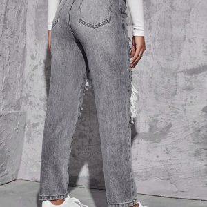 High Waist Ripped Blue Straight Leg Jeans alternate view