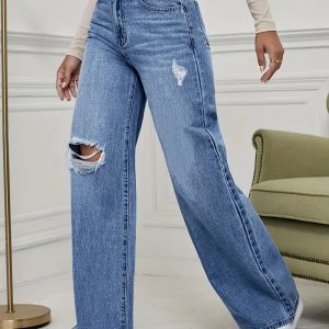 High Waist Distressed Light Blue Straight Leg Jeans alternate view