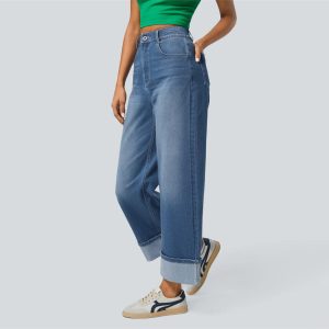 High Waist Cuffed Blue Straight Leg Jeans alternate view