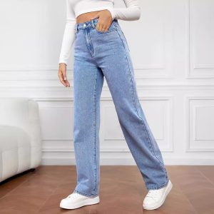 High Waist Stretch Washed Blue Straight Leg Jeans alternate view
